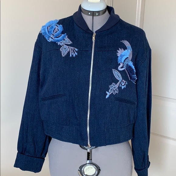 Josie Natori Spring 2018 Denim Jacquard Bomber - Picture 2 of 8